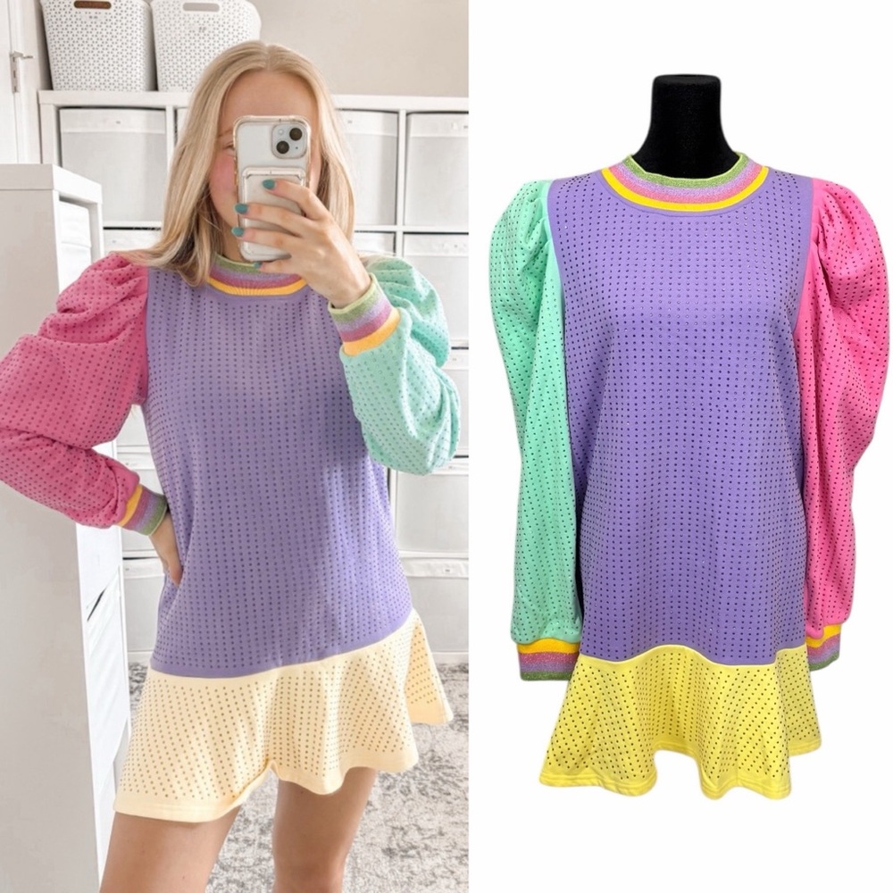 Queen Of Sparkles Rhinestone Color Block Dress Skater Puff Sleeve 90s Sparkle M